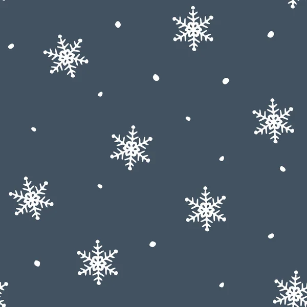 Simple blue festive seamless pattern with hand drawn white snowflakes. Christmas winter design. With falling snowVector illustration background. — Stock Vector