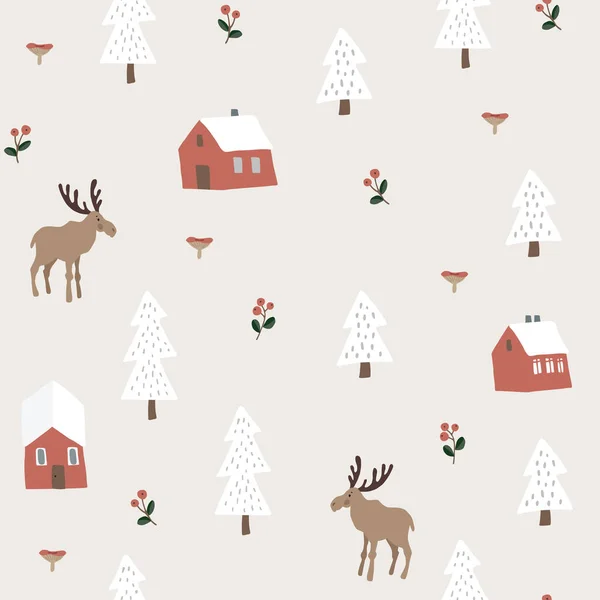 Cute festive Christmas seamless pattern with moose, red houses, snow fir trees and berries. Hand drawn kids nordic design. Winter vector illustration background. — Stock Vector