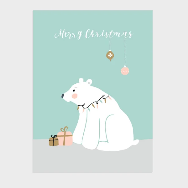 Linda tarjeta de felicitación Feliz Navidad, invitación con pequeño oso polar, cajas de regalo y decoración colgante adornos de Navidad. Niños dibujados a mano diseño nórdico. Fondo de ilustración vectorial . — Archivo Imágenes Vectoriales