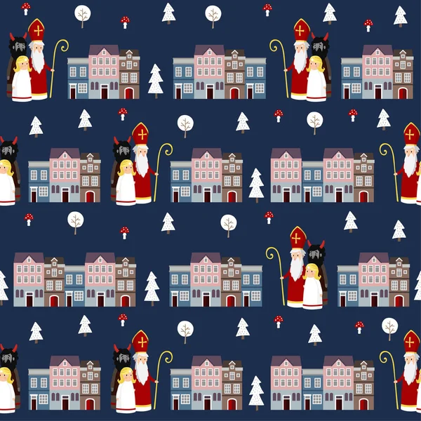 Cute winter seamless fabric pattern with St. Nicholas, angel, devil and town houses. Flat kids design. Vector illustration background, web banner. — Stock Vector