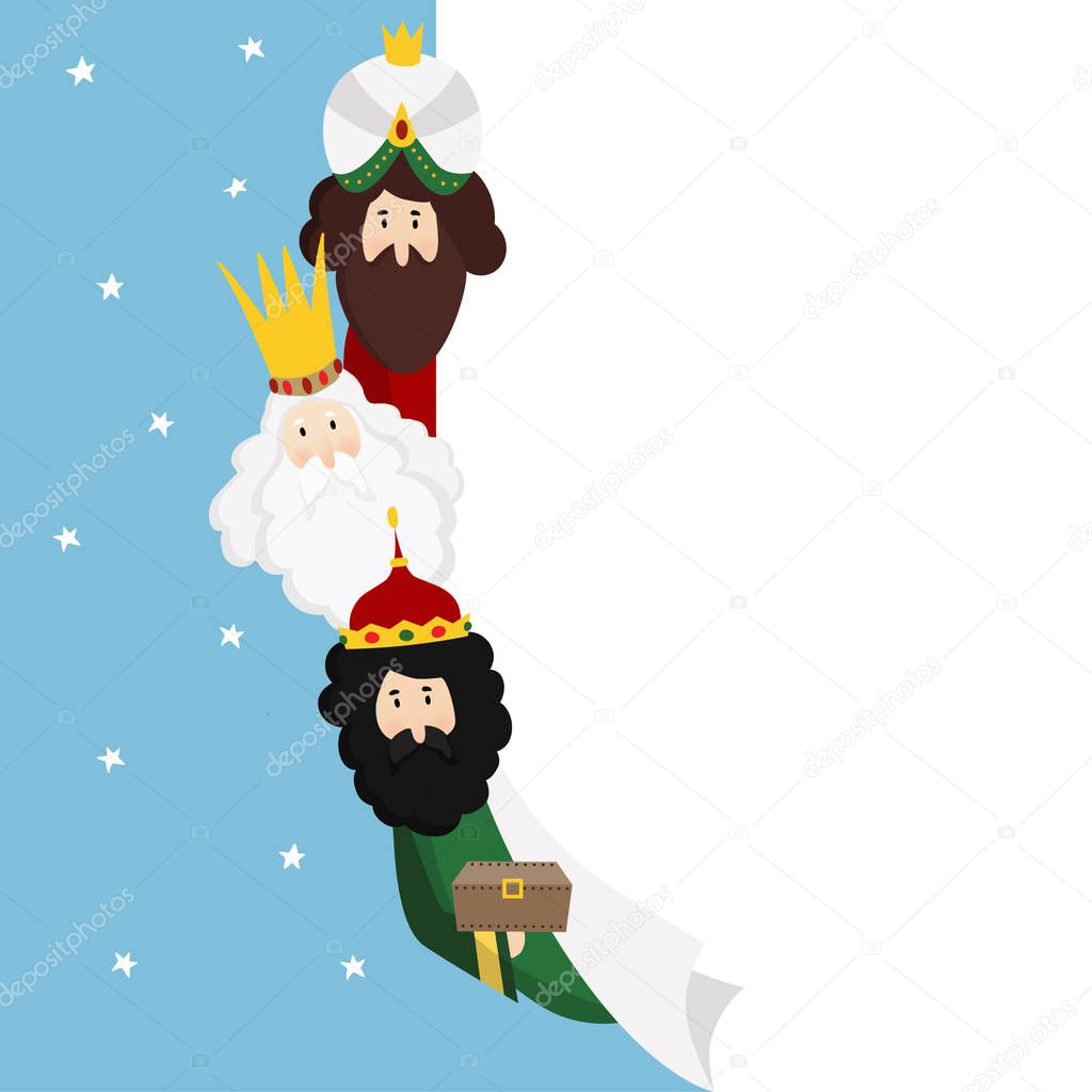 Three magi. Biblical kings Caspar, Melchior and Balthazar. Christmas vector illustration background, web banner for Spanish Dia del Reyes holiday with blank list of paper. Flat design.