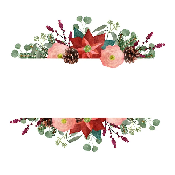 Vintage Christmas wenskaart, uitnodiging. Aquarel bloemen garland, frame. Fir tree en eucalyptus takken, poinsettia, wilde rozen, pinecones en bessen geïsoleerd op een witte achtergrond. Web bannner — Stockfoto