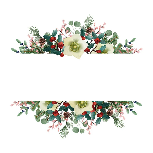 Tarjeta de felicitación navideña vintage, invitación. Guirnalda floral de acuarela hecha de ramas de abeto y eucalipto, flores de hellebores, conos de pino y bayas de acebo aisladas sobre fondo blanco. Banner . — Foto de Stock