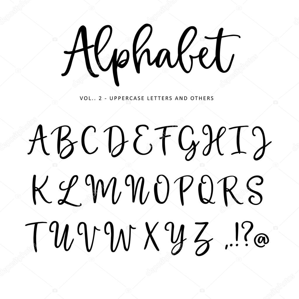 Hand drawn vector alphabet, font. Isolated letters, punctuation written with marker or ink. Modern brush script.