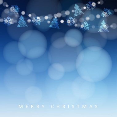 Neşeli Noel tebrik kartı, ışıklar, kar taneleri ve Noel ağaçları., Modern Festival ışıltılı mavi bulanık vektör çizim arka garland ile davet.