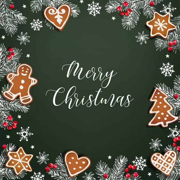 Merry Christmas wenskaart, uitnodiging. Decoratief frame, banner. Hand getrokken krijt fir takken, sneeuwvlokken met Hulst bessen en peperkoek cookies op groene achtergrond. Vectorillustratie. — Stockvector