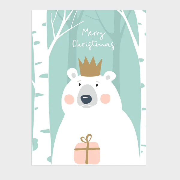 Linda tarjeta de felicitación Feliz Navidad, invitación. Oso polar con corona que sostiene la caja de regalo. madera de abedul. Niños dibujados a mano diseño nórdico. Fondo de ilustración vectorial . — Archivo Imágenes Vectoriales