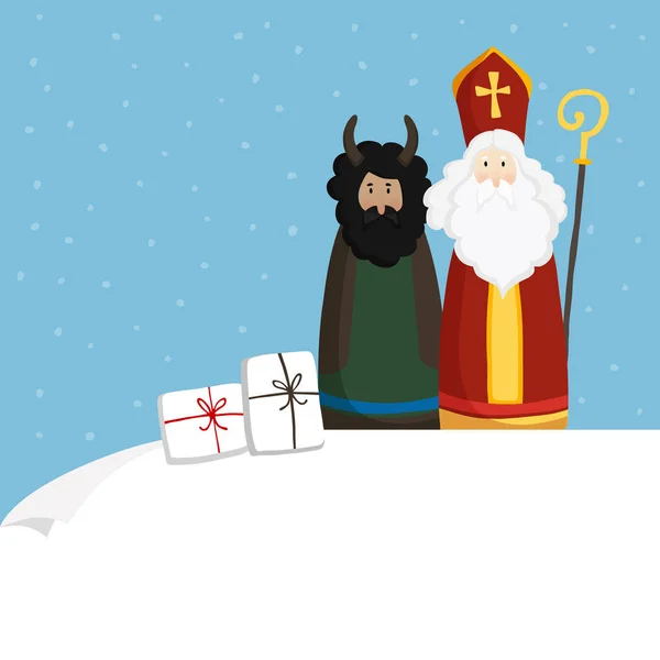 São Nicolau bonito com o diabo, caixas de presente e neve caindo. Convite de Natal, cartão de felicitações. Design de crianças planas. Ilustração vetorial, banner web com papel em branco. Fundo de inverno . —  Vetores de Stock