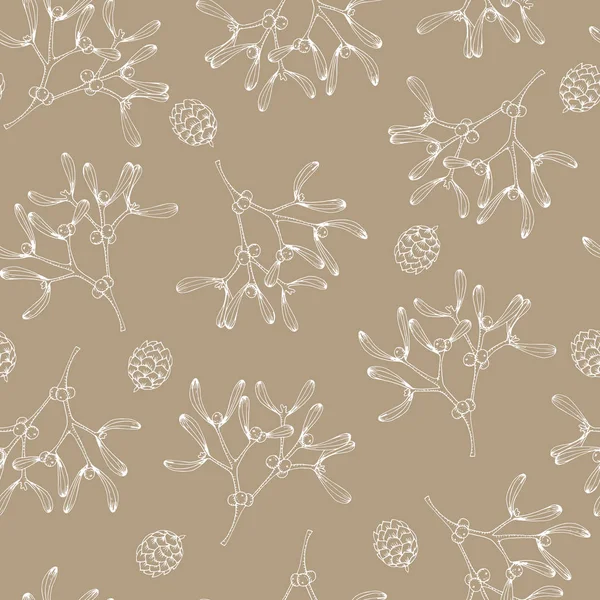 Elegant hand drawn Christmas seamless pattern with mistletoe and little pine cones. Winter vintage engraving design. Golden vector illustration background. — Stock Vector