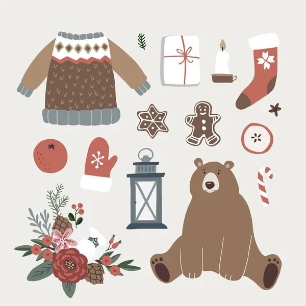 Set of cute Christmas animal, lifestyle and food icons. Bear, knitted sweater, glowes, Santa socks, gift boxes and gingerbread cookies. Vintage flat design. Isolated vector objects. — Stock Vector