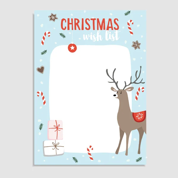 かわいいクリスマスのグリーティング カード、しい物のリスト。キャンディー、モミの木の枝、ジンジャーブレッド クッキー、ギフト パッケージ、雪とトナカイ。手のイラストの描かれたベクトルの背景. — ストックベクタ