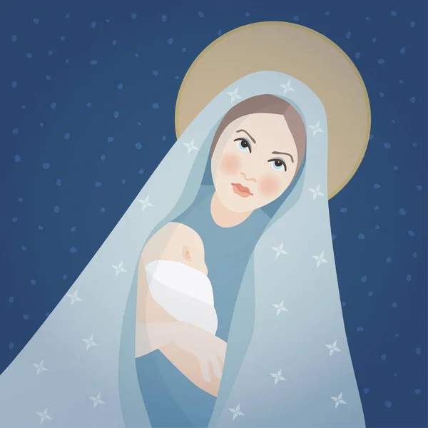 Christmas greeting card, invitation. Saint Mary and baby Jesus Christ. Mother holding her little child. Biblical vector illustrations background. Maternity and Christianity symbol. Nativity scene. — Stock Vector