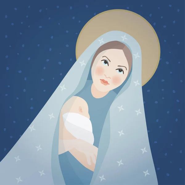 Tarjeta de felicitación de Navidad, invitación. Santa María y el niño Jesucristo. Madre sosteniendo a su pequeño hijo. Vector bíblico ilustraciones fondo. Maternidad y cristianismo. Belén. . — Vector de stock