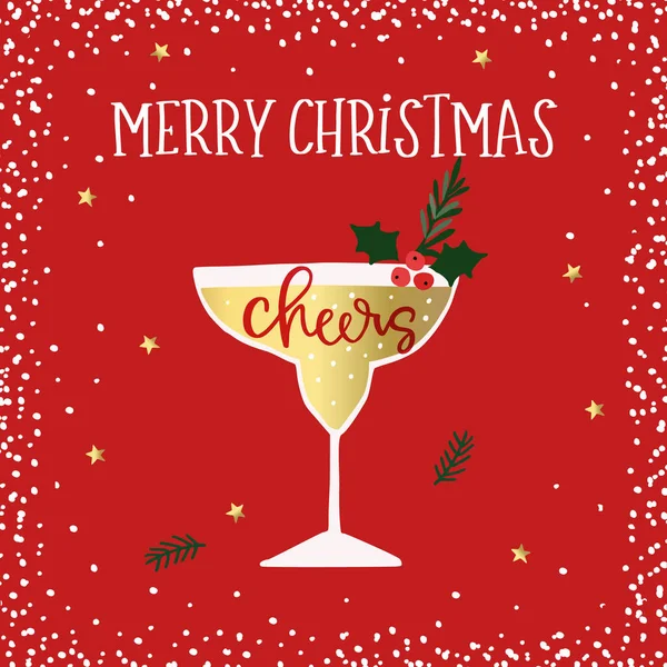 Joyeux Noël, bonne année carte de voeux. Cocktail, verre de vin avec des baies de houx. Merci pour le texte de la lettre. Fête d'hiver, concept de fête. Fond rouge avec neige et étoiles dorées . — Image vectorielle