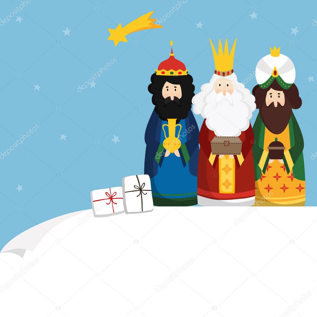 Christmas greeting card, invitation. Three magi bringing gifts and falling star. Biblical kings Caspar, Melchior, Balthazar and comet. Flat design, vector illustration background. Blank paper bannner.