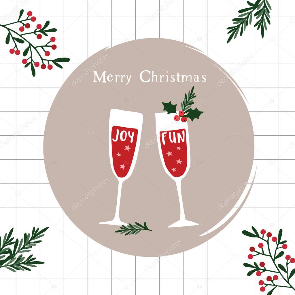 Merry Christmas, Happy New Year greeting card, invitation. Two champagne wine glasses. Fun and joy handletterd text and holly berries and fir branches. Winter celebration, party concept.