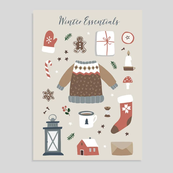 Winter essentials. Christmas greeting card. Set of cute winter lifestyle and food icons. Knitted sweater, glove, Santa socks, gift box and gingerbread cookies. Vintage flat design. Isolated vectors — Stock Vector