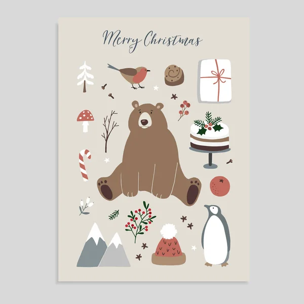 圣诞快乐贺卡, 请柬。一套可爱的圣诞动物和食品图标。熊、企鹅、雀鸟、针织帽子、蛋糕、冬青浆果和礼品盒。复古平面设计。隔离的向量 — 图库矢量图片