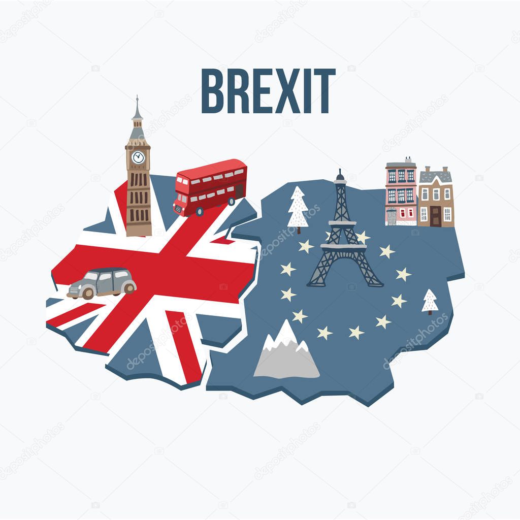 Brexit concept. Flags of the United Kingdom and the European Union on cracked map background. Possible exit of Great Britain from the EU. Symbols of London and continental Europe. Vector illustration.