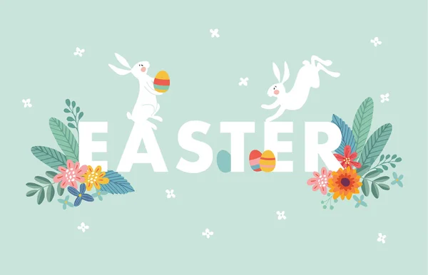 Banner bonito da web de Páscoa com coelhos brancos, ovos de Páscoa coloridos, folhas e flores. Cartão de felicitações da Primavera, convite. Fundo da ilustração do vetor, projeto liso sazonal . — Vetor de Stock