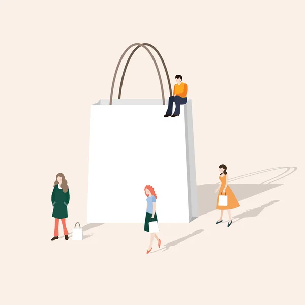 Люди ходят и ходят по магазинам. Пустой бумажный подарочный пакет. Бизнес-концепция. Современный веб-сайт, баннер, плоский дизайн. Изолированные векторные объекты . — стоковый вектор