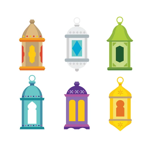 一套阿拉伯灯笼 五颜六色的装饰斋月灯图标 独立的股票矢量对象 平面设计 — 图库矢量图片