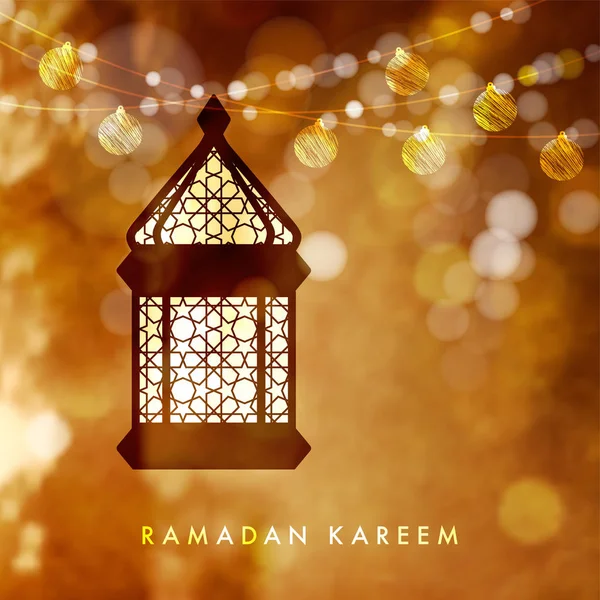 Pendurado lâmpada árabe iluminada, lanterna com corda de luzes douradas. Fundo de ilustração de vetor borrado festivo para comunidade muçulmana mês santo Ramadã Kareem com efeito bokeh . — Vetor de Stock