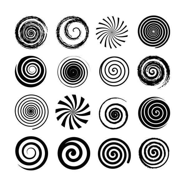 Set di elementi di movimento a spirale e vortice. Oggetti neri isolati, icone. Diverse texture di pennelli, illustrazioni vettoriali . — Vettoriale Stock