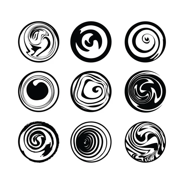 Set spiral dan pusaran elemen gerak. Terisolasi hitam benda abstrak, ikon. Tekstur kuas yang berbeda, ilustrasi vektor . - Stok Vektor