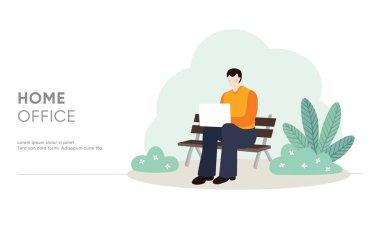 Genç adam bankta oturan ve genel park, Bahçe içinde laptop üzerinde çalışıyor. Ev ofis kavramı. Erkek serbest meslek sahibi, girişimci. Modern iş vektör çizim, bitkiler ile düz tasarım. Web şablonu.