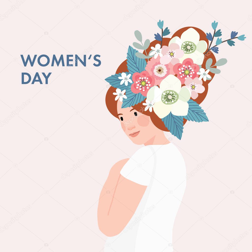 8th March, International Womens Day greeting card, invitation. Beautiful woman with long hair decorated by flowers and leaves. Vector illustration background, web banner, flat design.