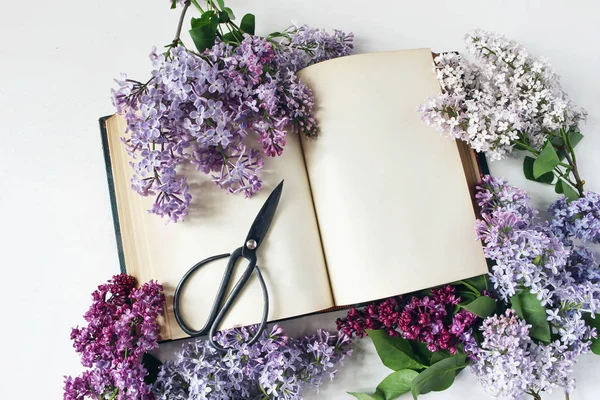 Photo de stock stylisée. Scène féminine de printemps, composition florale. Cadre décoratif de belles fleurs lilas violettes et blanches, vieux livre et ciseaux noirs vintage sur fond de table. Couché plat, vue du dessus — Photo