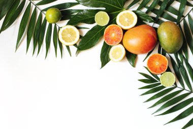 Taze mango, limon, portakal, limon meyve ve yemyeşil yeşil palmiye ve sarılıcı yaprak beyaz masa arka plan üzerinde izole egzotik bileşimi. Tropikal yaz tatil kavramı. Düz yatıyordu, en iyi görünümü.