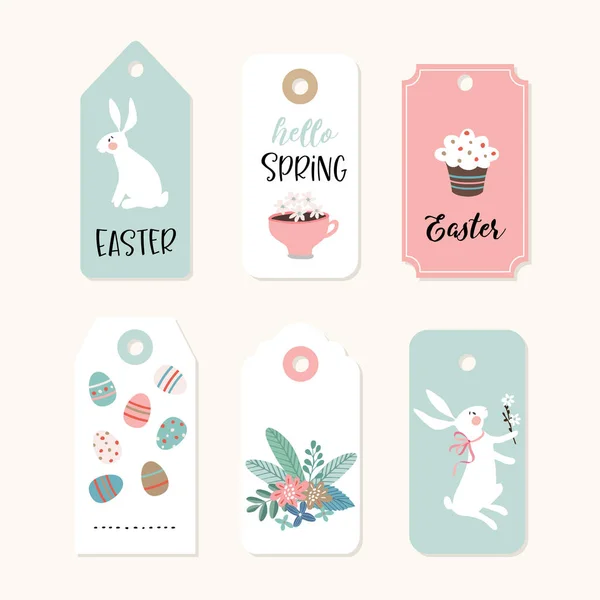 Verzameling van leuke gift van Pasen labels en etiketten met witte konijnen, kopje koffie, kleurrijke eieren en bloemen. Lente seizoen concept. Geïsoleerde hand getekend vectorobjecten. — Stockvector