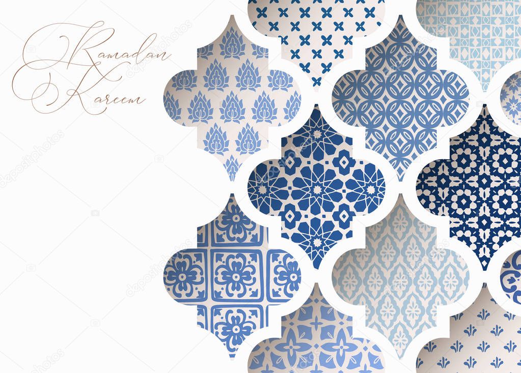 Close-up of blue ornamental arabic tiles, patterns through white mosque window. Greeting card, invitation for Muslim holiday Ramadan Kareem. Vector illustration bacground, web banner, modern design.