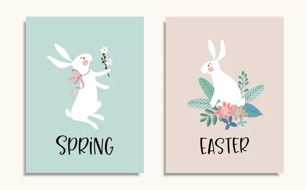 Set of Easter greeting cards, invitations with white rabbits, bunnies and flowers. Spring season concept. Hand drawn cute background. Vector illustrations, flat design. — Stock Vector