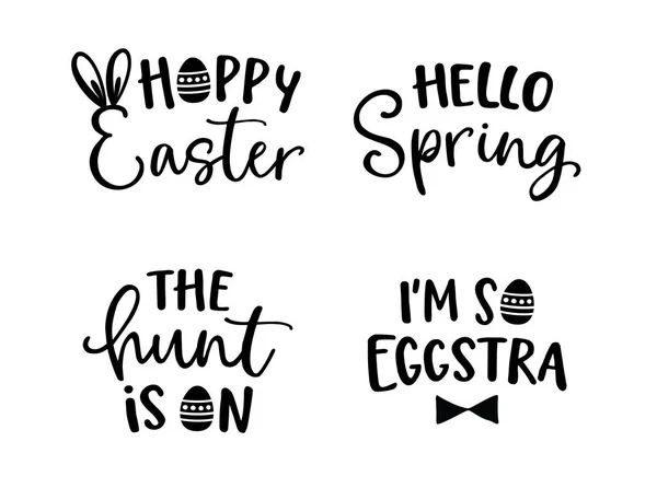 Happy Easter lettering set. Black hand lettered quotes with eggs for greeting cards, gift tags, labels, T-shirts. Typography collection. Spring and Easter egg hunt concept. Isolated vectors. — Stock Vector