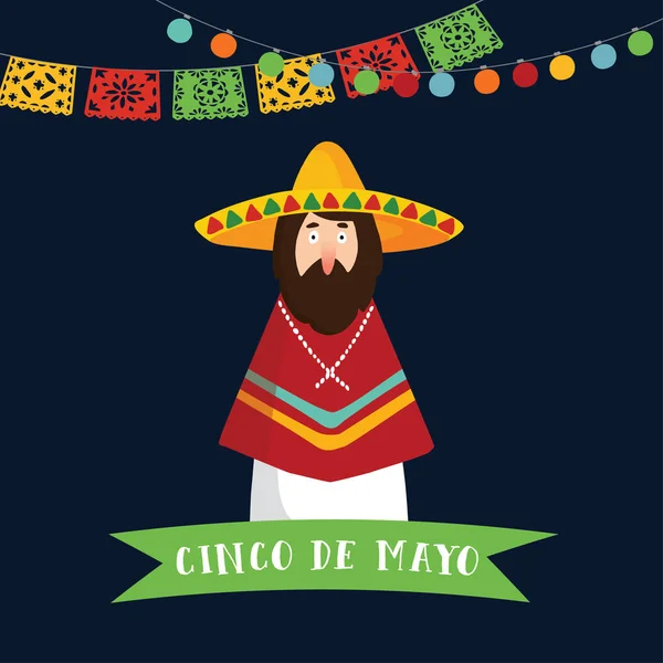 Cinco de Mayo gratulationskort, inbjudan. Mexikansk man med sombrero hatt, poncho och menyfliksområdet banner, part dekoration, sträng av lampor och handgjorda skär papper flaggor. Vektor illustration bakgrund. — Stock vektor