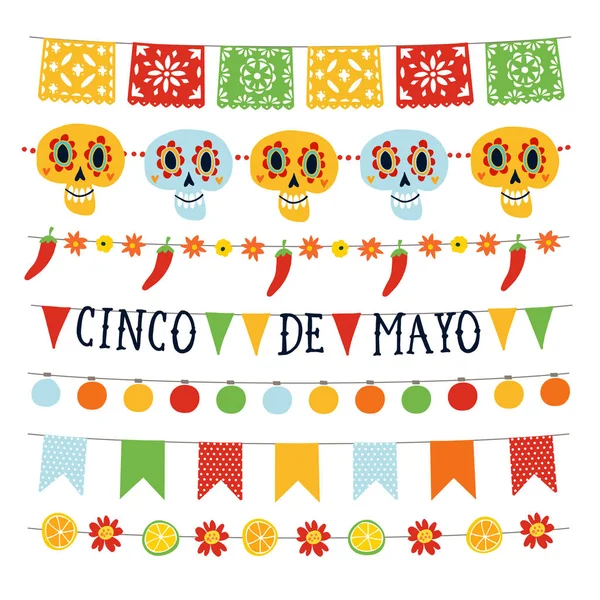 Uppsättning Cinco de Mayo holiday kransar med lampor, bunting flaggor, prydnads dödskallar, blommor, jalapeño paprika. Samling av mexikanska trädgårdsfest dekorationer. Isolerade vektorobjekt. Platt design — Stock vektor