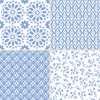 El kümesi Ramazan Kareem tebrik kartları, İslami arka planlar, kumaş, web afiş için mavi Fas Dikişsiz desen çizilmiş. Portekizce azulejos tasarım döşer. Dekoratif vektör çizimler.