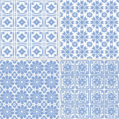 El kümesi Ramazan Kareem tebrik kartları, İslami arka planlar, kumaş, web afiş için mavi Fas Dikişsiz desen çizilmiş. Portekizce azulejos tasarım döşer. Dekoratif vektör çizimler.