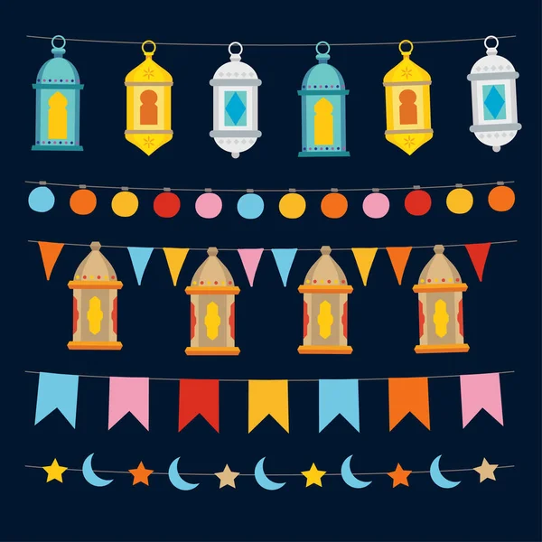 Set of Ramadan Kareem strings and garlands with lights, colocrful Moroccan lanterns, bunting flags, moon and stars. Collection of islamic party decorations. Isolated vector objects, flat design. — Stock Vector