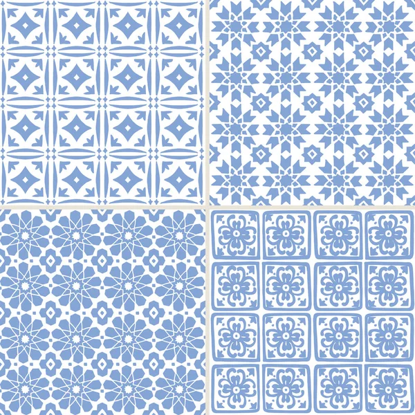 Set of hand drawn blue Moroccan seamless patterns for Ramadan Kareem greeting cards, islamic backgrounds, fabric, web banners. Portuguese azulejos tiles design. Decorative vector illustrations. — Stock Vector