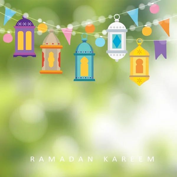 Guirlandes avec des lanternes colorées suspendues, des drapeaux et des lumières. Carte de voeux, invitation pour les vacances musulmanes Ramadan Kareem. Décoration Garden Party. Illustration vectorielle, bannière avec fond déconcentré . — Image vectorielle