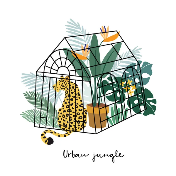 Summer tropical greeting card, invitation. Leopard in green house with palm and monstera leaves and strelitzia flowers. Cute cartoon vector illustrations, flat design. Urban jungle, botany concept. — Stock Vector