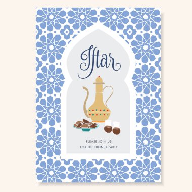 Çaydanlık, çay bardak, tarihi meyve tabağı ile iftar yemeğine davet elle çizilmiş. Mavi süs Fas desen, Arapça pencere. Müslüman tatil Ramazan Kareem.Vector arka plan için tebrik kartı.