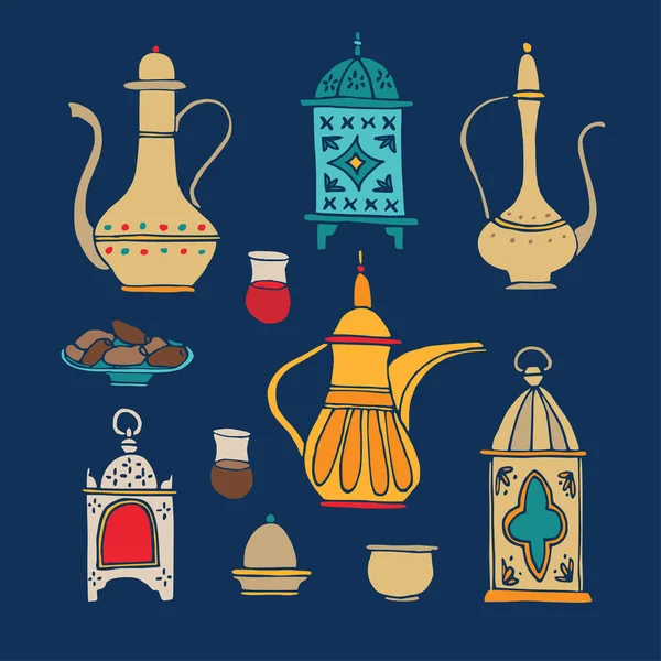 Set di icone disegnate a mano per la cena iftar. Teiera araba, tazza di caffè, piatto con frutta data e lanterne ornamentali per la vacanza musulmana Ramadan Kareem. Oggetti vettoriali isolati. Design piatto . — Vettoriale Stock