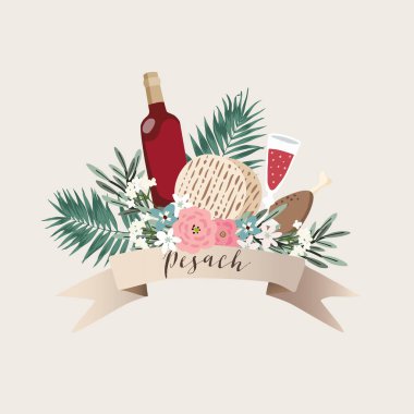 Yahudi tatil Pesach, Fısıh Tebrik kartı. El çekilmiş şerit şişe şarap, hamursuz ekmek ekmek ile banner, palmiye yaprakları, zeytin dalı ve çiçekler. Koşer yiyecek ve içecek. Vektör çizim arka plan