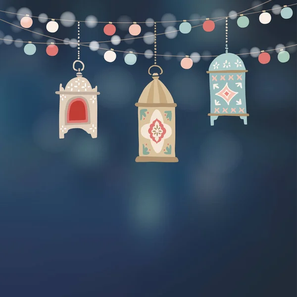 Zavěšené arabské lucerny. Struny barevných žárovek, večerní dekorace. Přání, Pozvánka na muslimský svátek Ramadan Kareem, Eid-Ul-Fitr. Rozostřený pozadí vektoru. — Stockový vektor