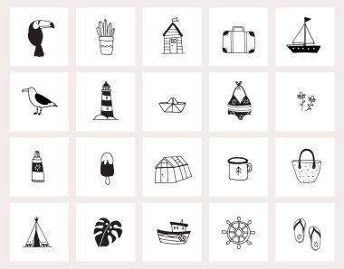 El çizilmiş doodle web simgeleri kümesi. Çizgi sanatı. Yaz, tatil, seyahat konsepti. Siyah beyaz tasarım. İzole vektör çizimleri, çizimler. Hayvanlar, bitkiler, yiyecek, içecek ve yaşam tarzı nesneleri.